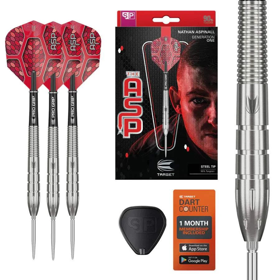 Nathan Aspinall G1 90% tungsten steel tip darts set with tapered barrels, radial groove grip, Pro Grip shafts, G1 Pro Ultra flights, and Swiss Point locking system by Target