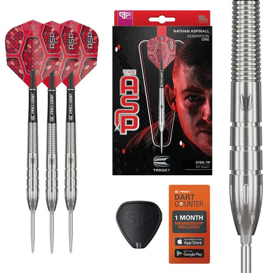 Nathan Aspinall G1 90% tungsten steel tip darts set with tapered barrels, radial groove grip, Pro Grip shafts, G1 Pro Ultra flights, and Swiss Point locking system by Target