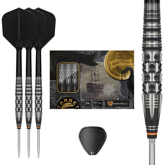 Black Marque Dancing Duck G4 90% tungsten steel tip darts with bold cut barrel and secure grip by Target Japan