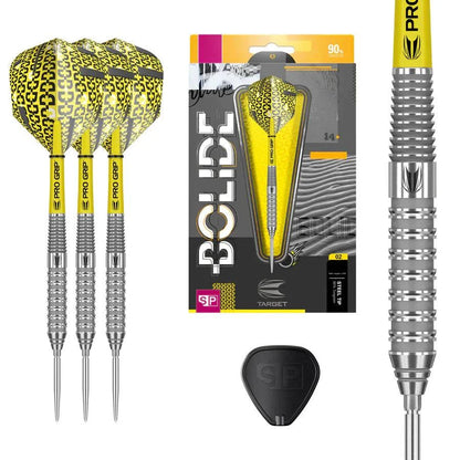 Bolide 02 Swiss Point 90% tungsten steel tip darts with yellow Pro Grip shafts and precision radial groove barrels by Target