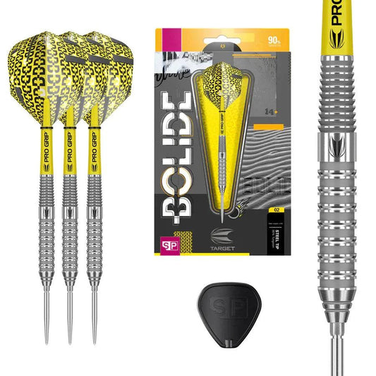 Bolide 02 Swiss Point 90% tungsten steel tip darts with yellow Pro Grip shafts and precision radial groove barrels by Target
