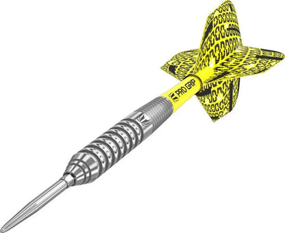 Bolide 02 Swiss Point tungsten steel tip dart with precision radial grooves and yellow Pro Grip shaft and flight