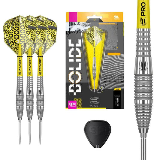 Bolide 05 Swiss Point 90% tungsten steel tip darts with radial groove barrels, yellow Pro Grip shafts, and exclusive yellow patterned flights by Target.