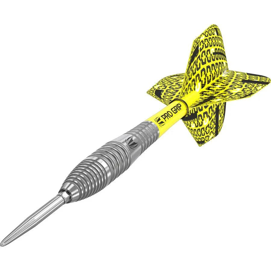 Bolide 05 Swiss Point 90% tungsten steel tip dart with radial groove barrel and yellow Pro Grip shaft and flight