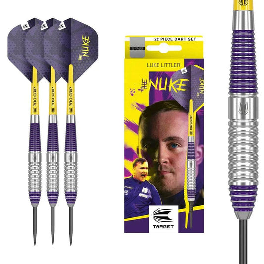 Luke Littler Brass steel tip darts with purple and silver barrels, black and yellow flights, and Target branded packaging.