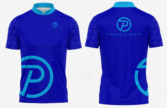 Blue Pinnacle Darts Jersey with light blue collar and logo, snug fit performance dart shirt front and back view.