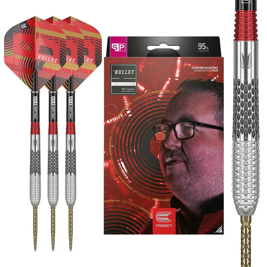 Set of Stephen Bunting Gen 5 95% tungsten SP steel tip darts with precision-milled barrels, black electroplated finish, Pro Grip EVO shafts, and Pro Ultra No.2 flights.