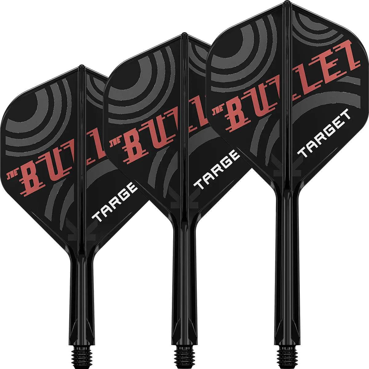 Stephen Bunting No2 K-Flex one-piece dart flights in black with red circular design and "The Bullet" branding by Target