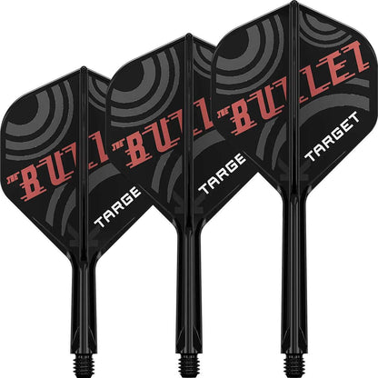 Stephen Bunting No2 K-Flex one-piece dart flights in black with red circular design and "The Bullet" branding by Target