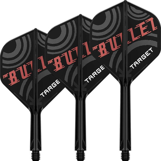 Stephen Bunting No2 K-Flex one-piece dart flights in black with red circular design and "The Bullet" branding by Target