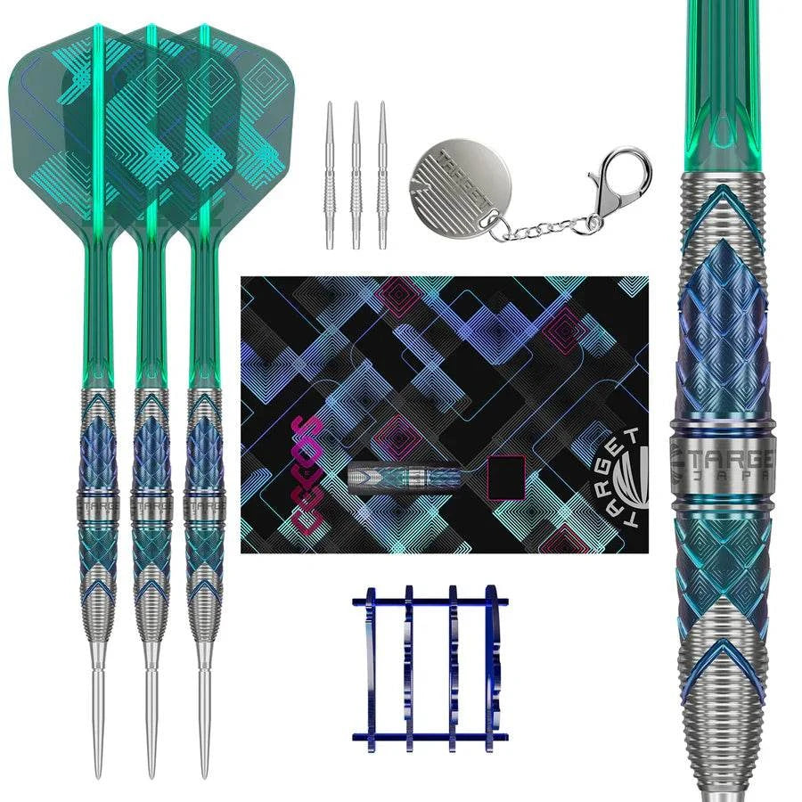 Target Japan Kaze Series Ceros 02 steel tip darts with diamond-cut barrels, blue coating, custom flights, display stand, and accessories.