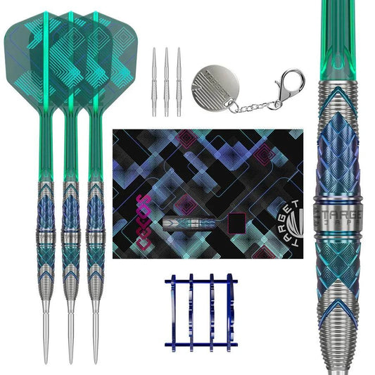 Target Japan Kaze Series Ceros 02 steel tip darts with diamond-cut barrels, blue coating, custom flights, display stand, and accessories.