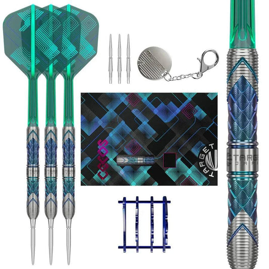 Target Japan Kaze Series steel tip darts set with blue diamond-patterned barrels, green flights, extra tips, keychain, and display stand