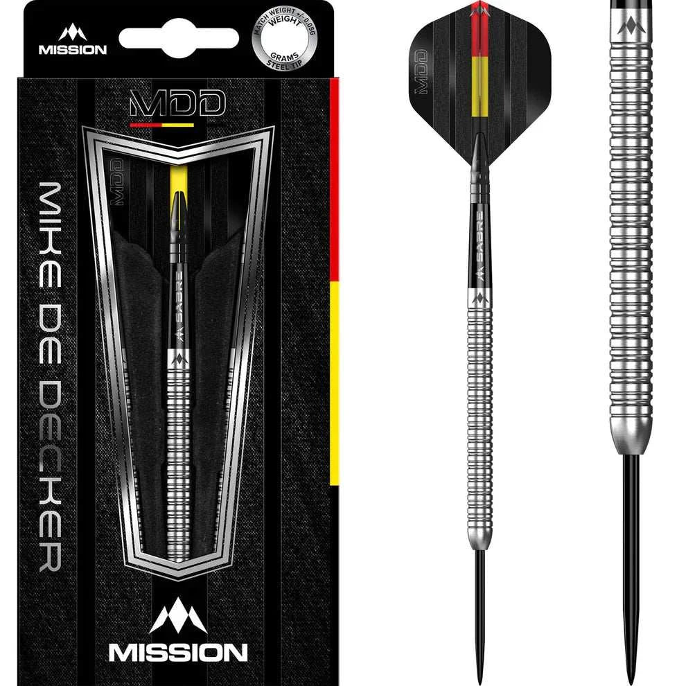 Mission Mike De Decker Signature steel tip darts with 95% tungsten silver barrels and custom flights