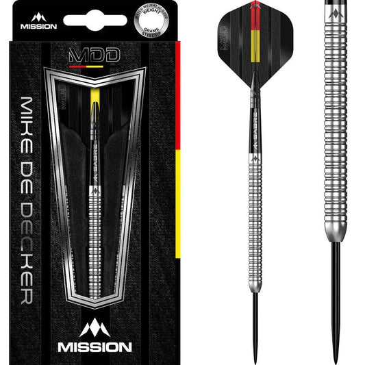 Mission Mike De Decker Signature steel tip darts with 95% tungsten silver barrels and custom flights