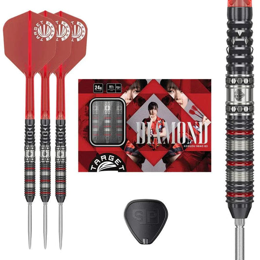 Diamond G3 90% Tungsten steel tip darts with fragmented diamond cuts, dual-row diamond ring motif, straight barrel design, red and black accents by Target Japan