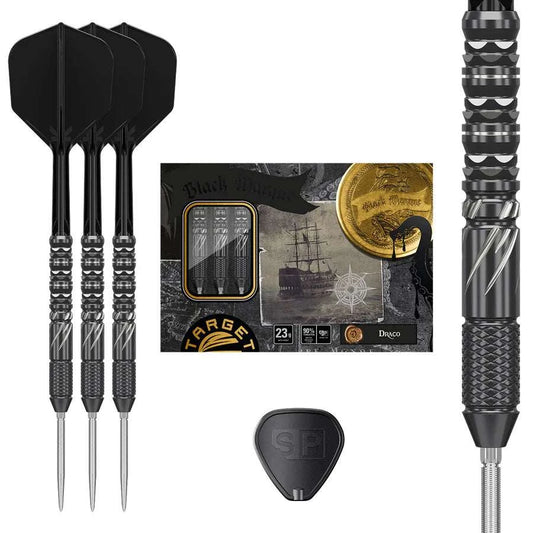 Black Marque Draco 90% tungsten steel tip darts set with black flights and textured grip by Target Japan