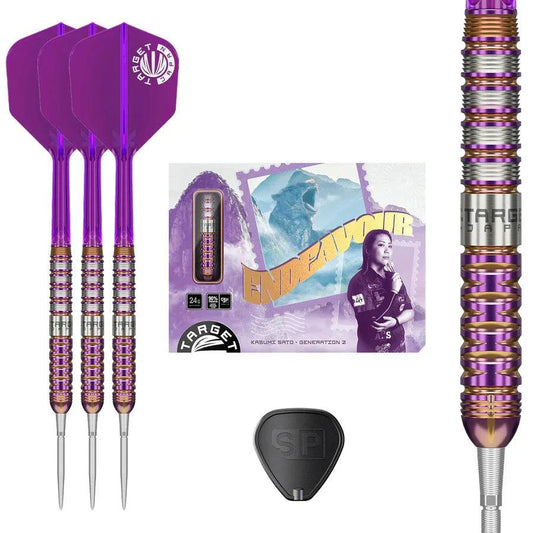 Set of three Target Japan Endeavour G2 90% tungsten steel tip darts with purple and gold straight-barrel design and exclusive signature series tin packaging.