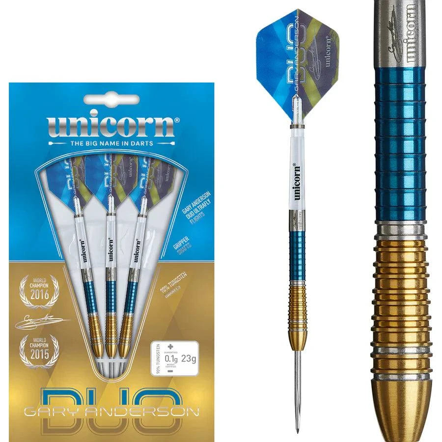 Gary Anderson Phase 6 Duo 90% tungsten steel tip darts with dual PVD coated barrels and Ultrafly flights by Unicorn