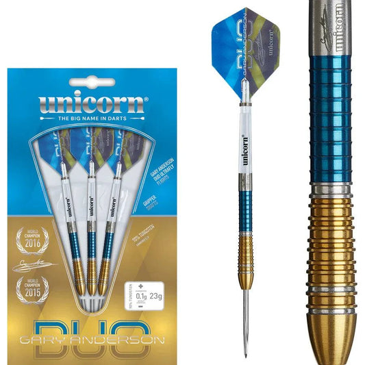 Gary Anderson Phase 6 Duo 90% tungsten steel tip darts with dual PVD coated barrels and Ultrafly flights by Unicorn