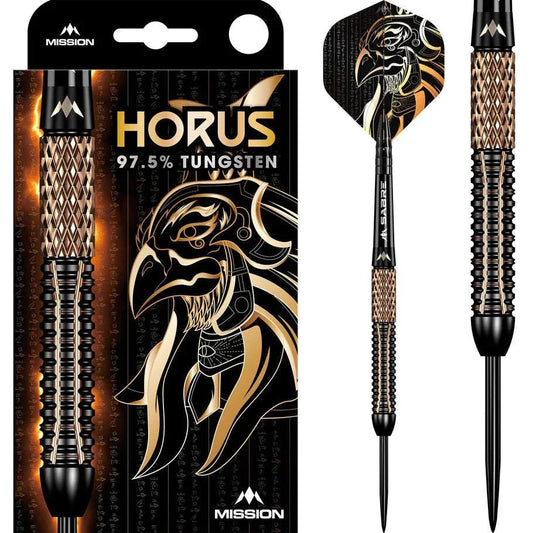 Mission Horus darts steel tip 97.5% tungsten black and bronze with pharaoh design flights