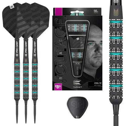 Target Rob Cross Black Edition 90% tungsten steel tip darts with teal grip and Swiss Point quick-change system