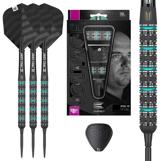 Target Rob Cross Black Edition 90% tungsten steel tip darts with teal grip and Swiss Point quick-change system