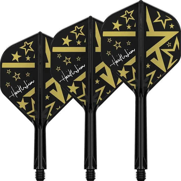 Set of three black K-Flex No2 dart flights with gold star patterns and Harith Lim's signature by Target Japan