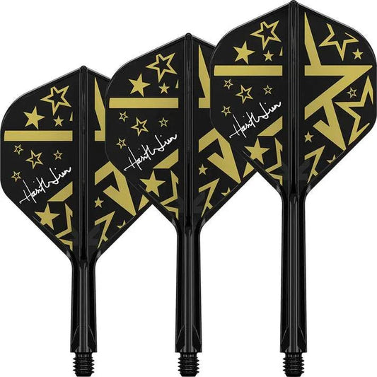 Set of three black K-Flex No2 dart flights with gold star patterns and Harith Lim's signature by Target Japan