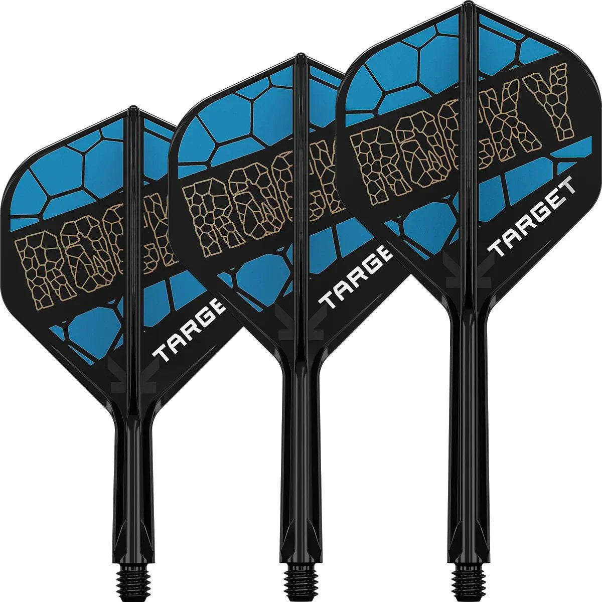 Target Josh Rock K-Flex one-piece dart flights in blue and gold with durable injection moulding and universal 2BA thread