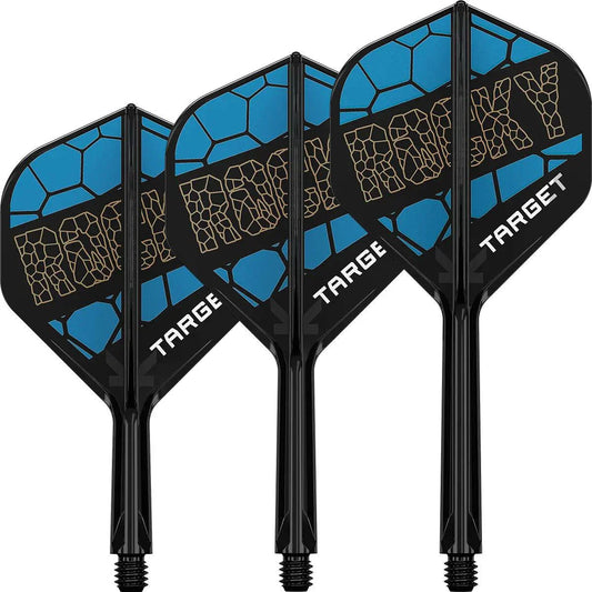 Target Josh Rock K-Flex one-piece dart flights in blue and gold with durable injection moulding and universal 2BA thread