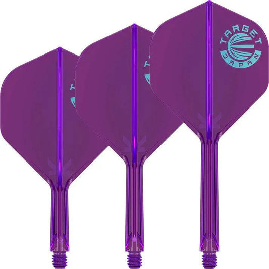 Set of three purple K-Flex darts flights with light blue Target Japan logo and integrated shaft design.