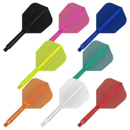 Set of Target K-Flex Dart Flights with integrated shaft, featuring flexible, durable design and universal 2BA thread in multiple colors