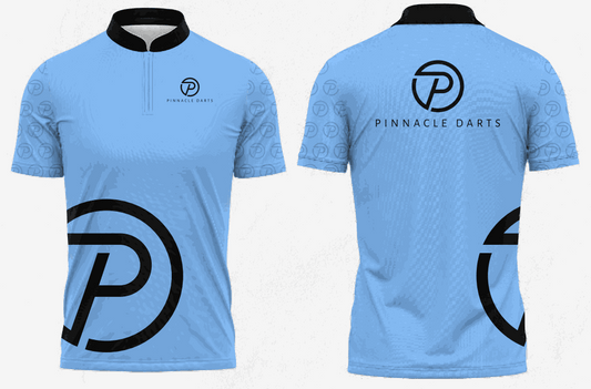 Light blue Pinnacle Darts Jersey with black collar, logo on chest and back, designed for performance and comfort.