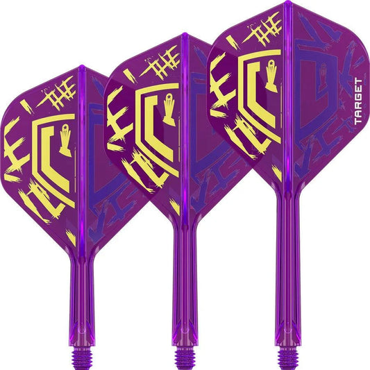 Luke Littler World Champion K-Flex one piece dart flights with purple and yellow Ballon D'Art trophy design by Target