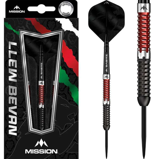 Mission Llew Bevan steel tip darts with 90% tungsten black and red barrels and black signature flights