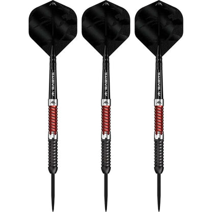 Set of three Mission Llew Bevan steel tip darts with 90% tungsten black and red barrels and black shafts and flights