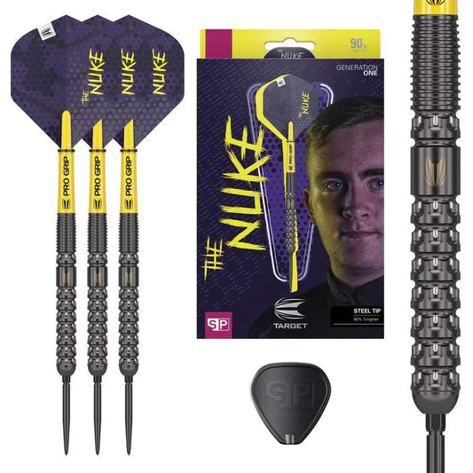 Luke Littler Generation One steel tip darts set with black PVD coated barrels, multi-grip design, dual pixel tip technology, and signature flights by Target