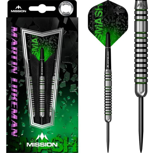 Mission Martin Lukeman 90% tungsten steel tip darts in black and green with precision grip and included accessories