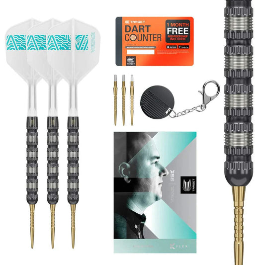 Target Rob Cross 95K steel tip darts with 95% tungsten barrels, black finish, radial grooves, gold Swiss Storm Surge points, integrated flight and shaft system, and dart accessories.