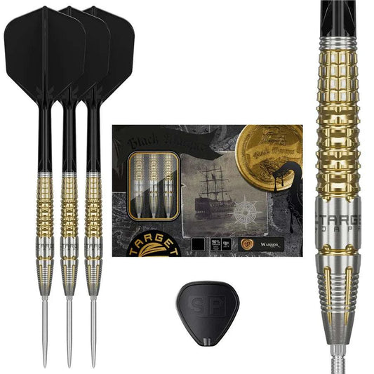 Set of Target Japan Black Marque Warrior steel tip darts with gold-coated barrels featuring ring cuts, hourglass pattern, and grid-like grip, plus black flights and packaging.