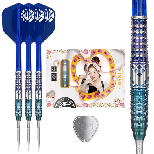 Target Japan Charis G5 90% tungsten steel tip darts with blue K-Flex flights, intricate barrel design, Swiss Storm Nano Points, and compact storage tin