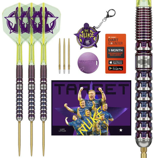 Luke Littler World Champion 2025 Edition 90% tungsten SP steel tip darts with precision milled barrels, Swiss SLK points, yellow and purple K-Flex flights, and included accessories.