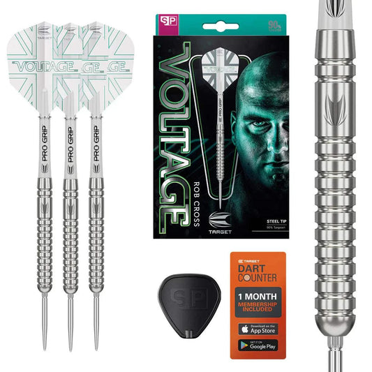 Target Rob Cross G1 90% tungsten steel tip darts with radial grooves, pro grip shafts, silver Swiss points, and Vision Ultra flights.