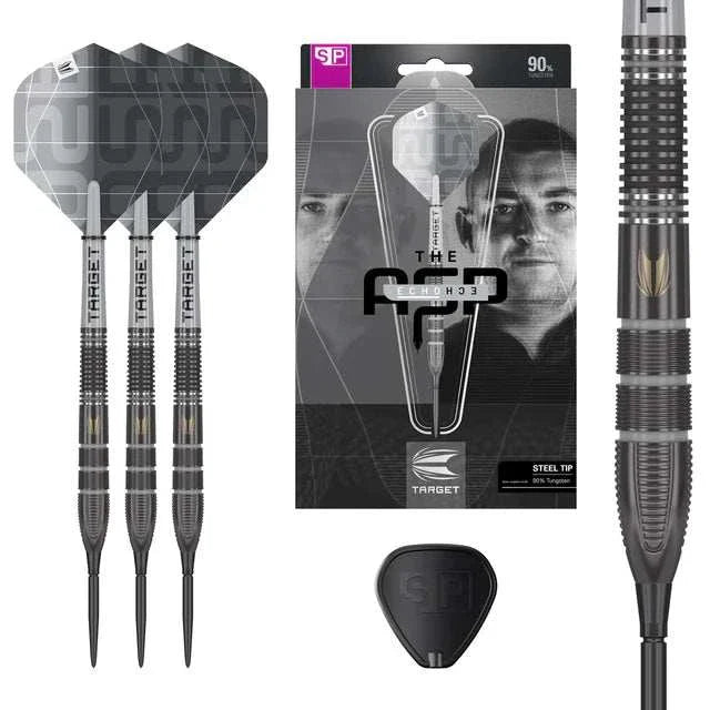 Target Aspinall x Echo 90% tungsten steel tip darts with black titanium nitride coating and Swiss Point technology