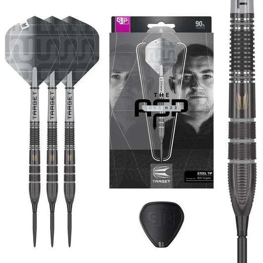 Target Aspinall x Echo 90% tungsten steel tip darts with black titanium nitride coating and Swiss Point technology