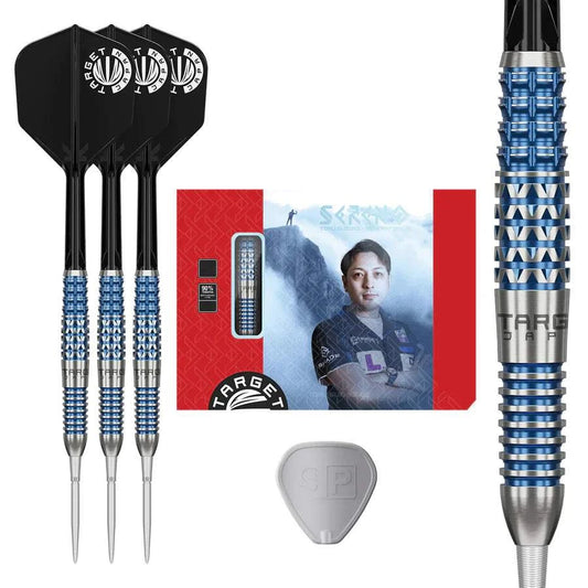 Target Japan Sereno G2 90% tungsten steel tip darts with blue and silver barrel, multiple grip zones, and precision-milled diamond pattern cuts.