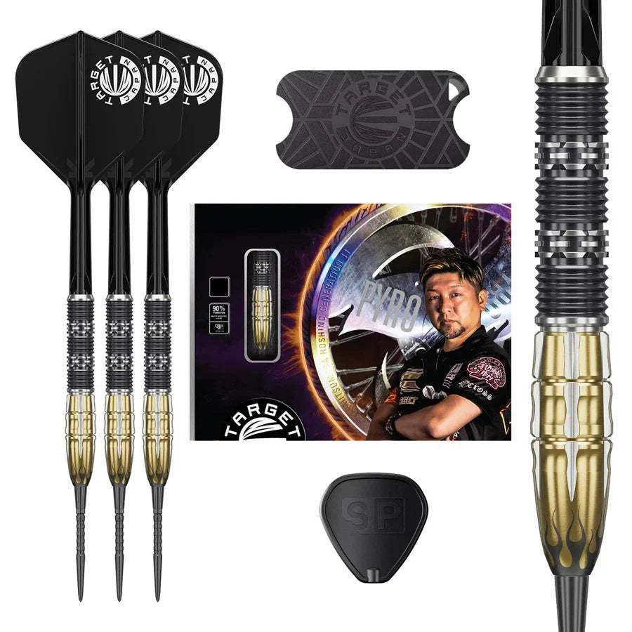 Target Japan Pyro G11 90% tungsten steel tip darts set with flame and skeletal design, black and gold finish, including flights, shafts, and carrying case.