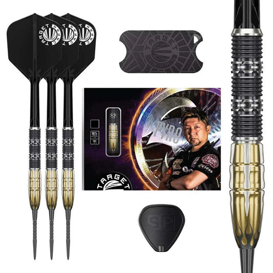 Target Japan Pyro G11 90% tungsten steel tip darts set with flame and skeletal design, black and gold finish, including flights, shafts, and carrying case.