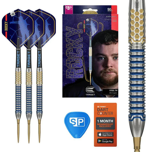 Josh Rock G1 90% tungsten steel tip darts with blue and gold barrels, Swiss Storm Nano points, Pro Grip Tag shafts, and No.2 Pro Ultra flights.
